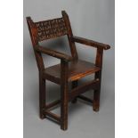 A PROVENCIAL SPANISH JOINED WALNUT(?) ARMCHAIR, 17th century, the raked back with square section