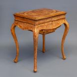 A FRENCH BURR WALNUT AND MAHOGANY BANDED WORK TABLE, late 19th century, the moulded edged oblong top
