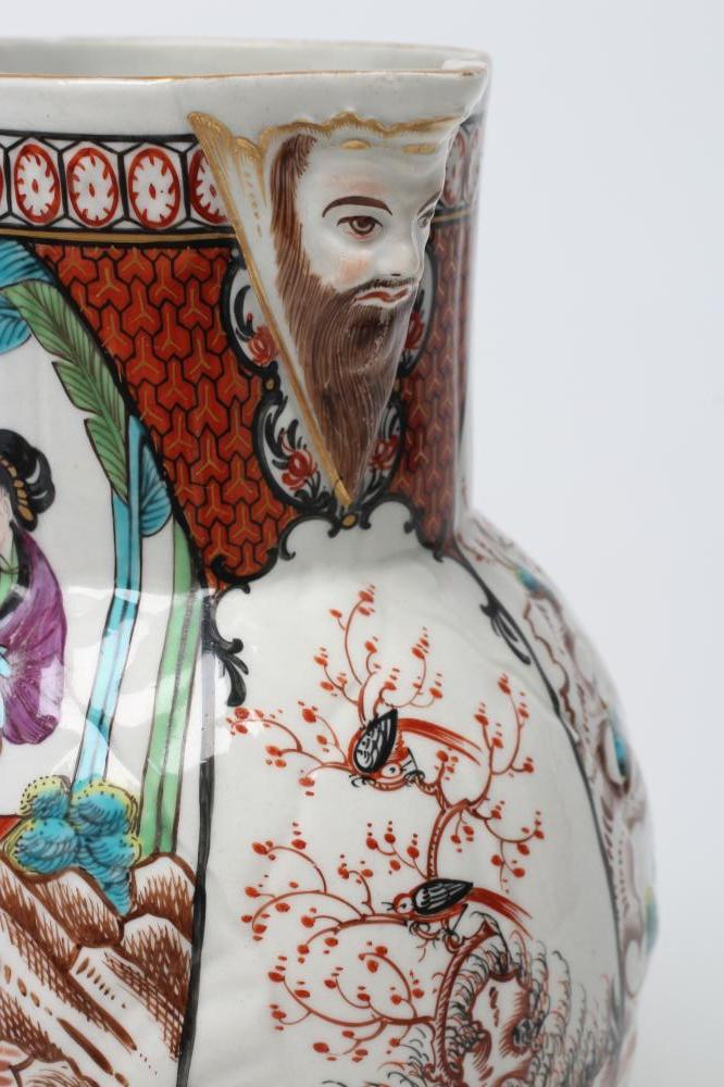 A FIRST PERIOD WORCESTER PORCELAIN CABBAGE LEAF MOULDED MASK JUG, c.1760, painted in polychrome - Image 3 of 4