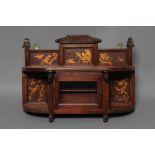 AN AESTHETIC CHINOISERIE MAHOGANY WALL BRACKET, late 19th century, of two tier oblong form with gilt