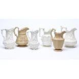 A COLLECTION OF SIX EARLY VICTORIAN SMEAR GLAZED STONEWARE JUGS, comprising a Charles Meigh "