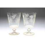 A PAIR OF LATE VICTORIAN LARGE GOBLET VASES, the plain flared cylindrical bowls cut and etched