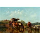 HENRY PARK (1816-1871), Cattle Watering, oil on canvas, signed, 24" x 36", original swept gilt gesso