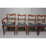 A SET OF SIX REGENCY MAHOGANY DINING CHAIRS including an elbow chair, the open back with inscribed