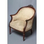A VICTORIAN ROSEWOOD SHOW WOOD ARMCHAIR in the French style, upholstered in gold moquette, arched