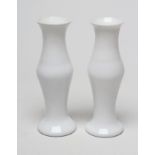 A PAIR OF SOUTH STAFFORDSHIRE OPAQUE WHITE VASES, mid 18th century, of bellied cylindrical form on a