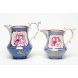 OF ROYAL INTEREST - two graduated pearlware jugs of baluster form each on-glaze printed in puce with