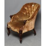 A VICTORIAN ROSEWOOD TUB EASY CHAIR, button upholstered in gold velvet, arched top rail and