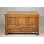 AN OAK PANELLED CHEST, late 18th century, the hinged plank lid opening to a void interior, the
