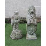A COMPOSITE STONE FIGURE OF A LION SEJANT WITH SHIELD, on oblong base, 9 1/2" x 30 1/2", together