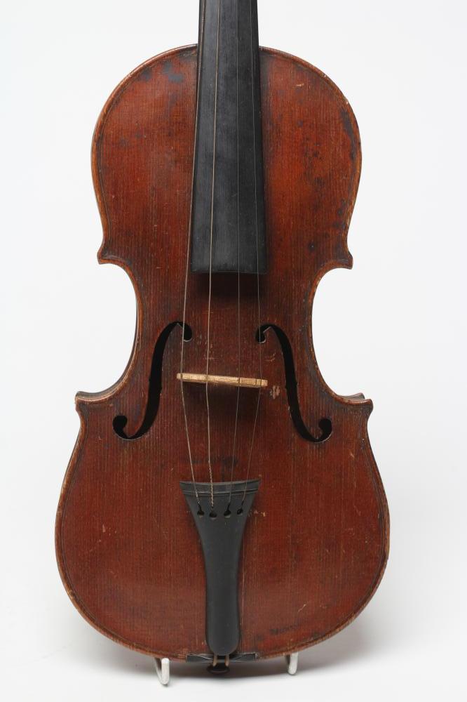 A CHILD'S VIOLIN, probably late 19th century, with two piece back, notched sound holes, ebony - Image 8 of 8