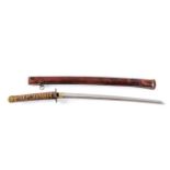 A JAPANESE WAKIZASHI with 22 1/4" sori blade, Bizen School type crab claw hamon, unsigned tang,