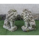 A PAIR OF COMPOSITE STONE LIONS SEJANT, crisply modelled, on canted oblong plinths, 15" x 9" x