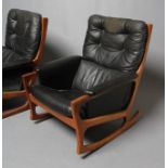 A PAIR OF FORMOSA TEAK AND LEATHERETTE FRAMED ROCKING ARMCHAIRS, 1970's, the shaped square section