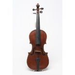 A CHILD'S VIOLIN, probably late 19th century, with two piece back, notched sound holes, ebony