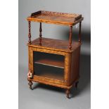 A VICTORIAN BURR WALNUT MUSIC CABINET/WHATNOT, of two tier rounded oblong form with stringing, the