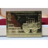 AN ELIZABETH II 22CT GOLD "THE LOCOMOTION" REPLICA POSTAGE STAMP, London 1975, No.1445 of a