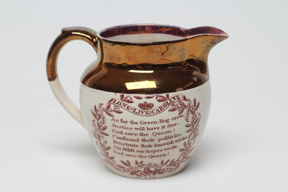 OF ROYAL INTEREST - a small pearlware jug of baluster form, on-glaze printed in brown with a half - Image 2 of 3