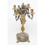 A GILDED BRASS AND GREY ONYX CHAMPLEVE ENAMEL CANDELABRUM, 20th century, possibly French, the