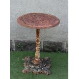 A VICTORIAN CAST IRON TABLE, the beaded edged circular top pierced with foliate scrolls, turned stem