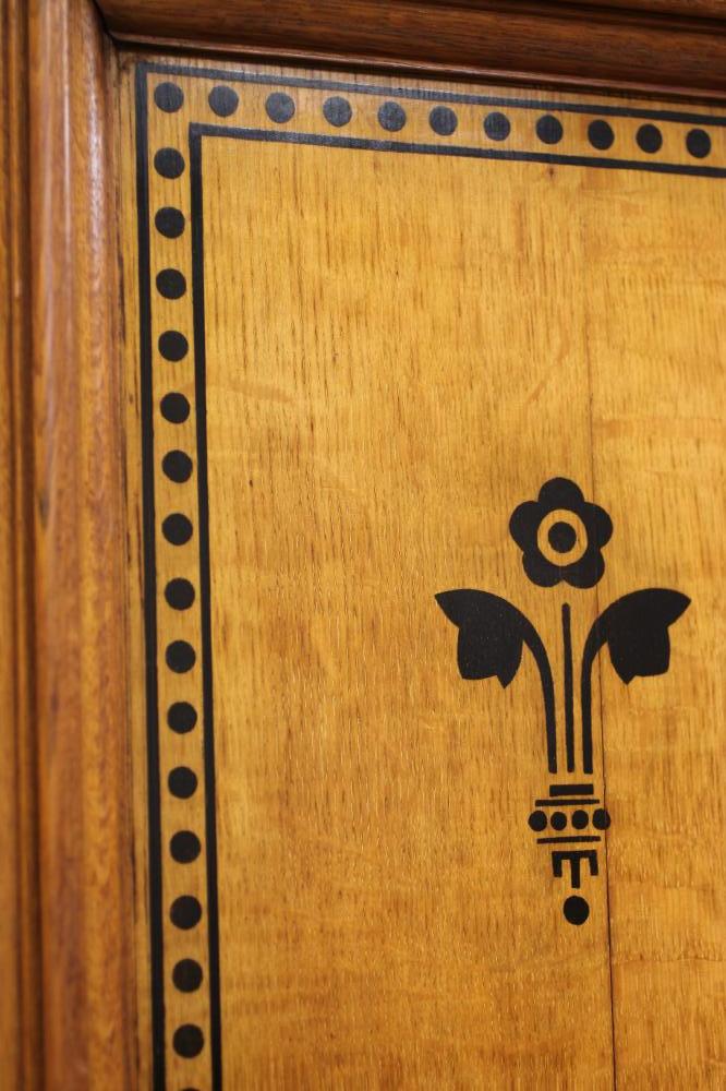 A GOTHIC REVIVAL LIGHT OAK AND BLACK STENCILLED WARDROBE, in the manner of Marsh, Jones & Cribb, the - Image 3 of 13