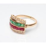 A MULTI GEM HALF HOOP COCKTAIL RING, channel set with two rows of square cut rubies and emeralds