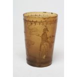 A GEORGIAN HORN BEAKER engraved with a bust portrait of a lady wearing a plumed hat and a dog,