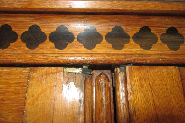 A GOTHIC REVIVAL LIGHT OAK AND BLACK STENCILLED WARDROBE, in the manner of Marsh, Jones & Cribb, the - Image 8 of 13