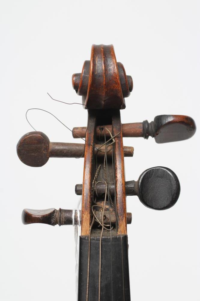 A CHILD'S VIOLIN, probably late 19th century, with two piece back, notched sound holes, ebony - Image 5 of 8