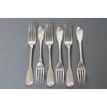 A SET OF SIX LATE GEORGE III TABLE FORKS, maker Eley & Fearn, London 1802, in Fiddle pattern,