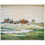 LAURENCE STEPHEN LOWRY (1887-1976), Landscape with Farm Buildings, reproduction in colours,