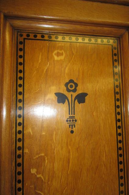 A GOTHIC REVIVAL LIGHT OAK AND BLACK STENCILLED WARDROBE, in the manner of Marsh, Jones & Cribb, the - Image 6 of 13