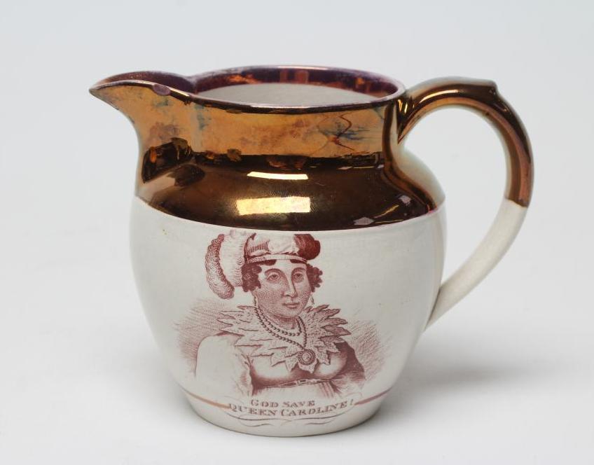 OF ROYAL INTEREST - a small pearlware jug of baluster form, on-glaze printed in brown with a half