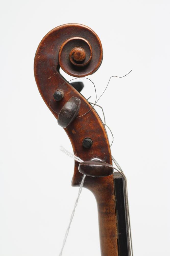 A CHILD'S VIOLIN, probably late 19th century, with two piece back, notched sound holes, ebony - Image 4 of 8