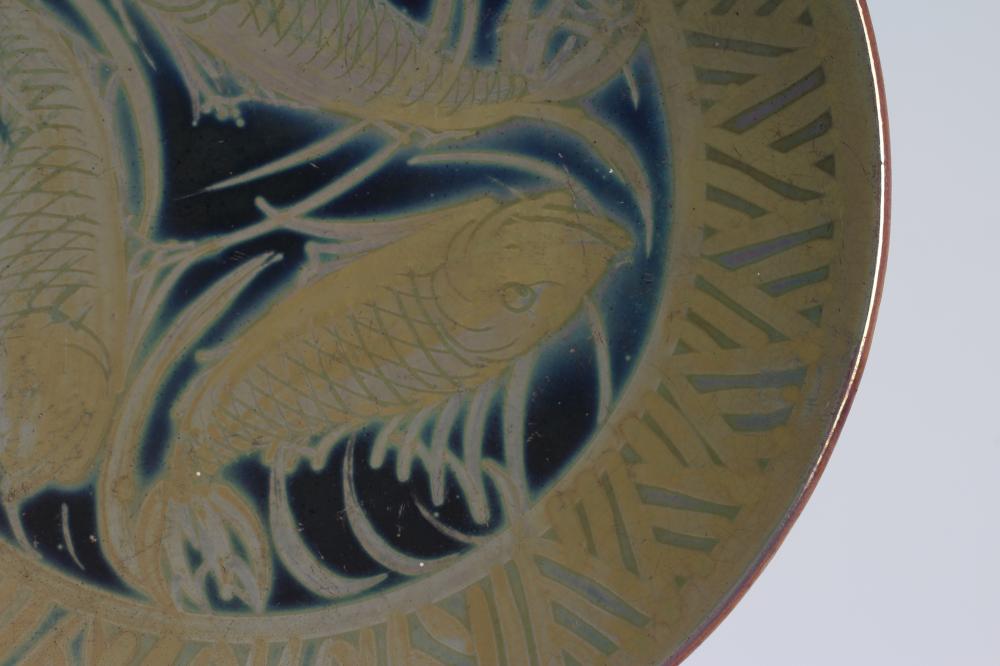 A BURMANTOFTS FAIENCE PLATE of plain circular form painted by J. Walmsley in iridescent pink/blue/ - Image 2 of 4