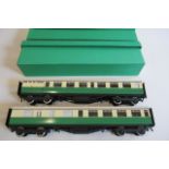 Two Westdale L.N.E.R. coaches painted in Tourest Stock green/cream, no lining or letter has yet been