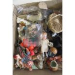 A large quantity of dolls, teddies and associated items including a 4" all bisque jointed doll