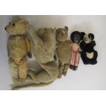 Five soft toys comprising two (very playworn) teddy bears, a lion, a panda and a golliwog (Est. plus