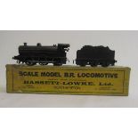 Bassett Lowke clockwork 0-6-0 Goods Locomotive and Tender finished in black, motor missing, spring