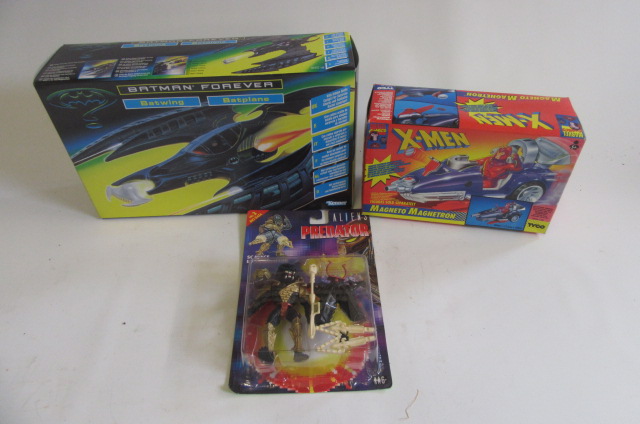 Batman Forever Batplane by Kenner, boxed, M, Aliens Predator by Kenner, noxed, M, and X-Men