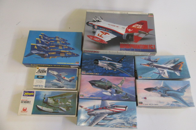 Nine plastic model Aircraft Kits by Hasegawa, most modern military type, good to excellent boxes,