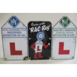 Three enamel driving instruction signs, two for the RAC and one for the Ministry of transport, all