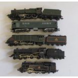 Five playworn locomotives including Hornby Dublo Cardiff Castle, Co-Bo and Graham Farish Class 5,