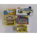Five diecast vehicles comprising Corgi CC01105 Consul, AA Ben Motors Morris Minor, Budgie Shop