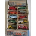 Budgie Toys Garage Set with ten models in card tray, wrapper missing, E (Est. plus 21% premium