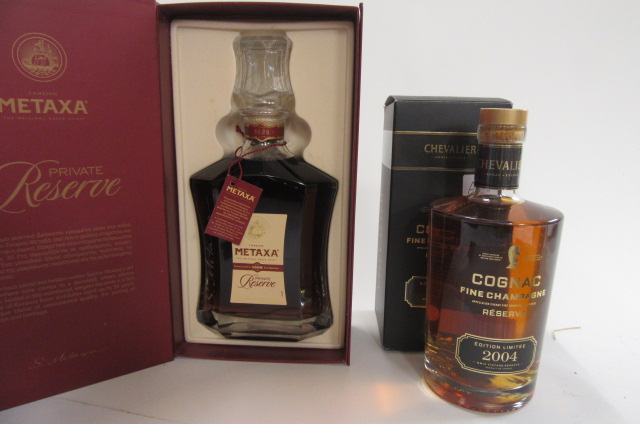 1 bottle Metaxa Private Reserve, boxed, together with 1 boxed 2004 Chevalier limited edition Fine