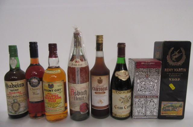 A quantity of liqueurs and spirits comprising 1 boxed bottle 12 year old Chivas Regal, 1 boxed
