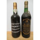 1 bottle Justino's Madeira, Old Reserve, and 1 bottle Harveys Bristol Sherries 600th anniversary