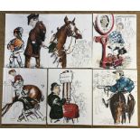 Set of 6 drawings on paper, horse racing scenes. The Owner, Trainer, Winner, Champion, Refusal and