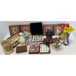 Mixed lot inc metal penny bank, football badges, Kensitas framed silks. Murton glass vases, pens,